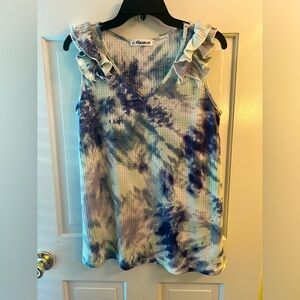 NWOT - Macaroon sleeveless blue tie-dye flowy shirt with ruffle detail